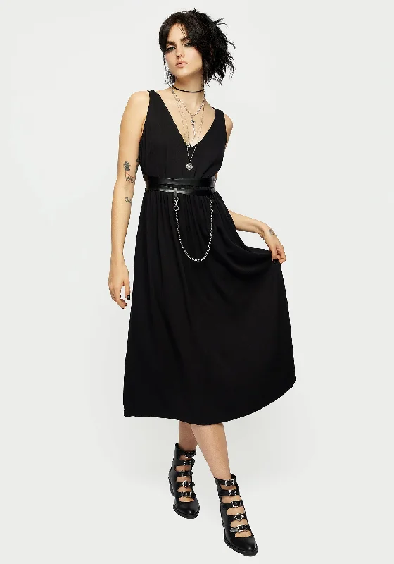 Raven V-Neck Sleeveless Chain Midi Dress Trendy Ruched Side Midi Dress