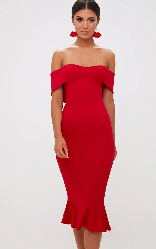 Red Bardot Frill Hem Midi Dress Comfortable Short Sleeve Midi Dress