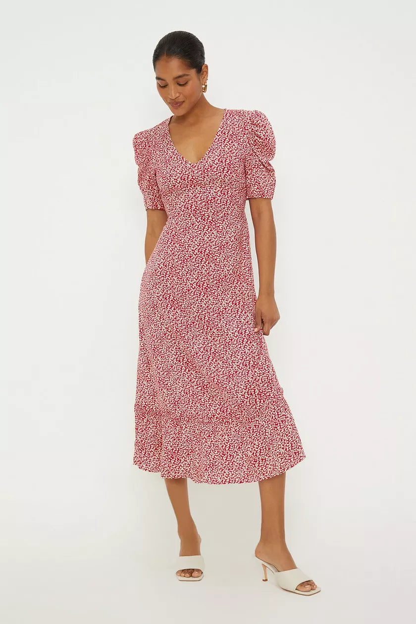Red Disty Floral Puff Sleeve Midi Dress Stylish Halter Neck Midi Dress