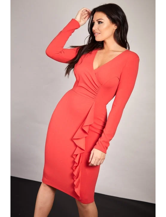 Red Long Sleeve Wrap Bodycon Midi Dress Cozy Spaghetti Strap Midi Dress