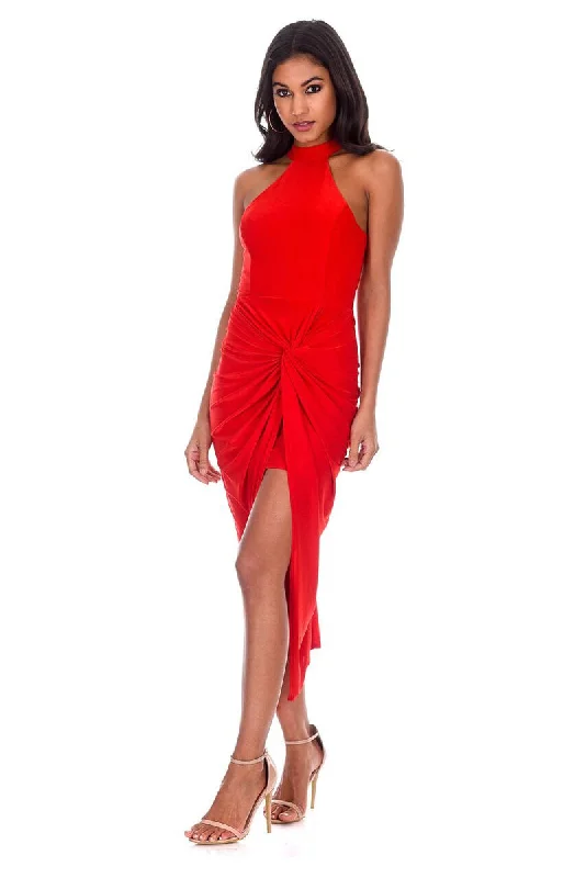 Red Ruched Wrap Midi Dress Comfortable Draped Midi Dress