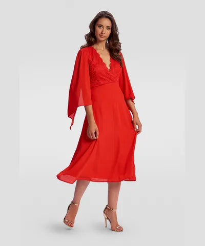 Red Wide Sleeve Midi Dress Trendy A-Line Midi Dress