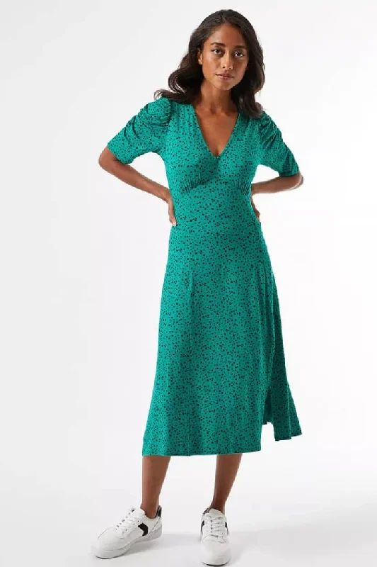 Ruched Sleeve Front Slit Midi Dress Trendy Shift Midi Dress