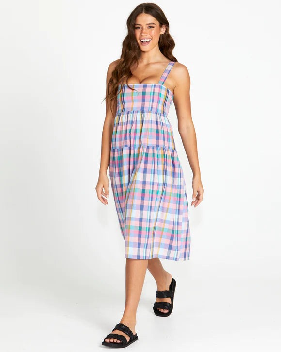 SASS SOLEIL TIERED MIDI DRESS PASTEL CHECK Stylish High-Waisted Midi Dress