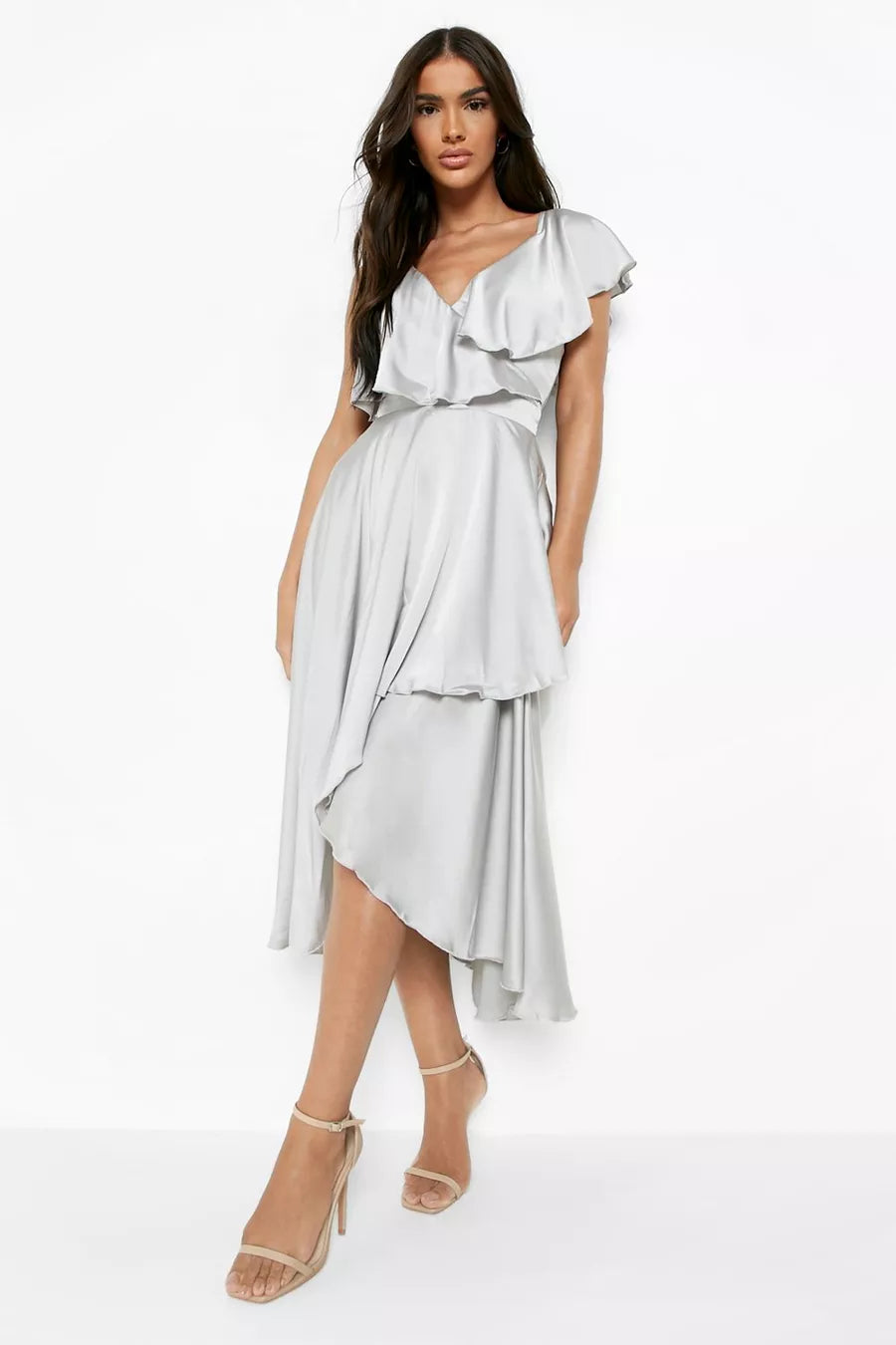 Satin Ruffle Wrap Midi Dress Classic Black Midi Dress