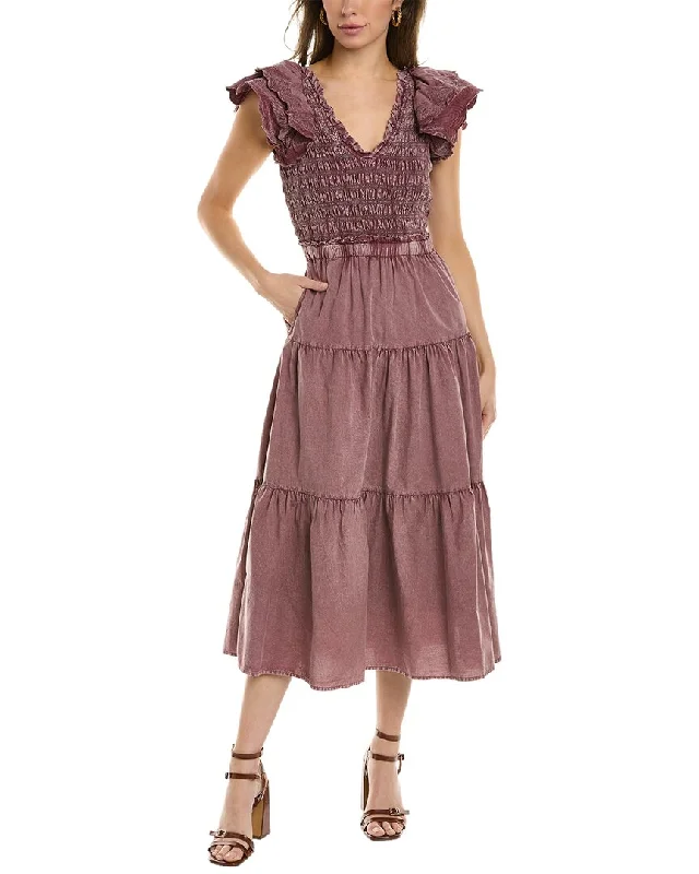 SEA NY Heidi Heart Quilt Flutter Midi Dress Fashionable One-Shoulder Midi Dress