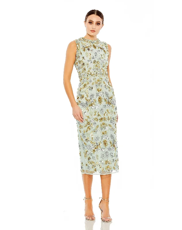 Sequined, high neck, sleeveless sheath midi dress Stylish Color Block Midi Dress