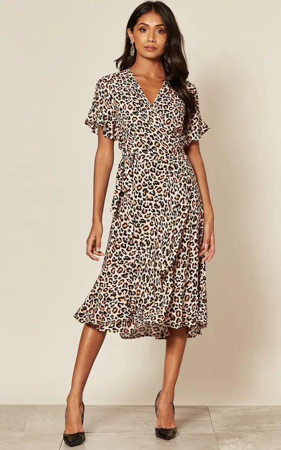 Short Sleeve Wrap Midi Dress In Leopard Print Trendy Smocked Detail Midi Dress