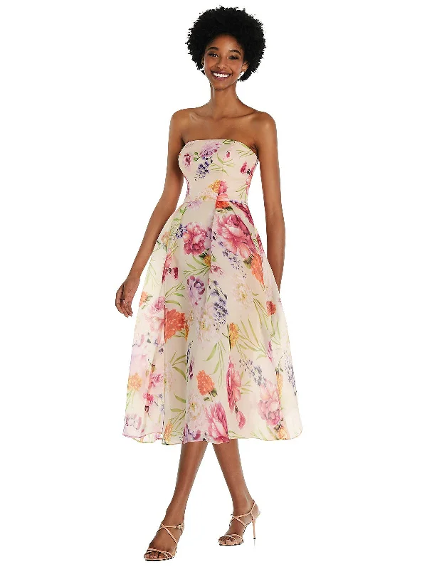 Strapless Pink Floral Organdy Midi Dress Stylish Button-Up Midi Dress