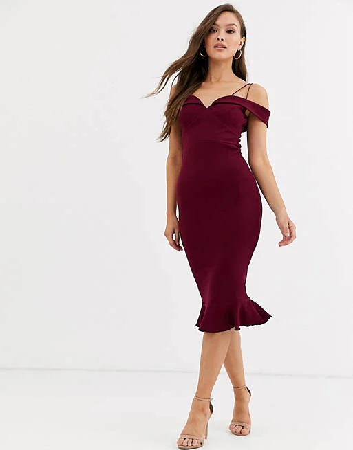 Strappy Bardot Midi Dress Burgundy Fashionable Off-Shoulder Dress Midi