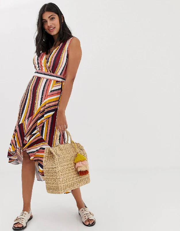 Stripe Midi Dress Trendy Off-Shoulder Button Midi Dress