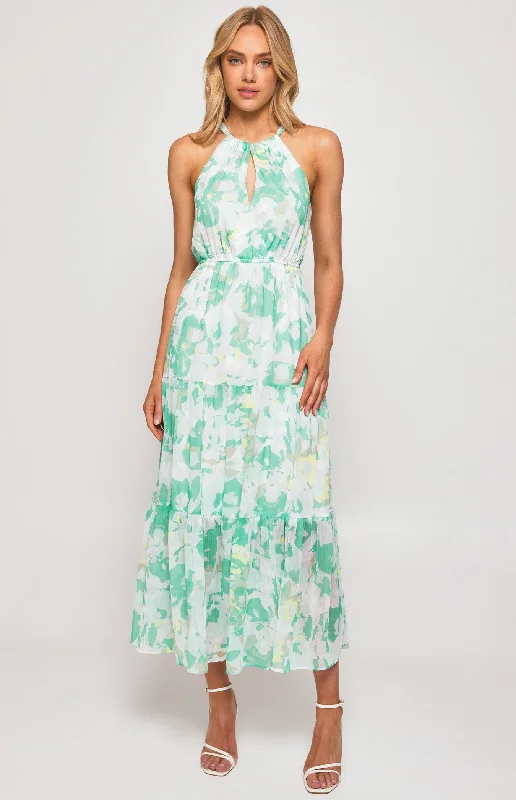 STYLE STATE ABSTRACT PRINT HALTER MIDI DRESS WITH TIERED HEM MINT Chic Lace Detail Midi Dress