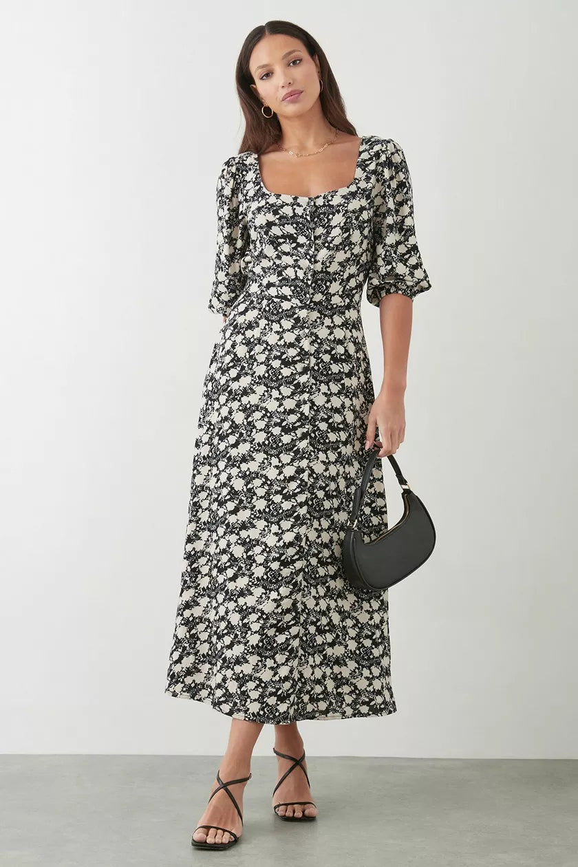 Tall Mono Ditsy Floral Button Through Midi Dress Trendy Square Neck Midi Dress