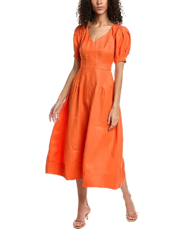 Ted Baker Fit & Flare Puff Sleeve Linen-Blend Midi Dress Trendy Smocked Waist Midi Dress
