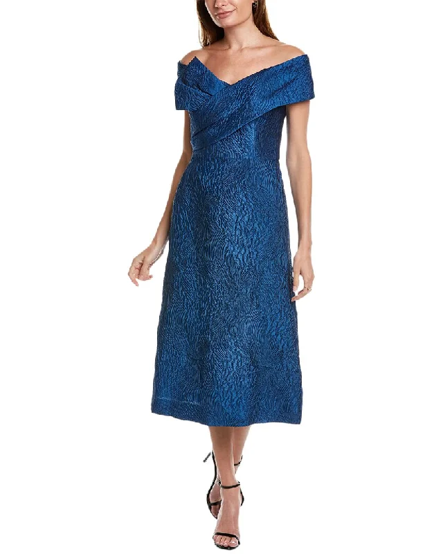 Teri Jon by Rickie Freeman Textured Jacquard Midi Dress Elegant Pleated Sleeve Midi Dress