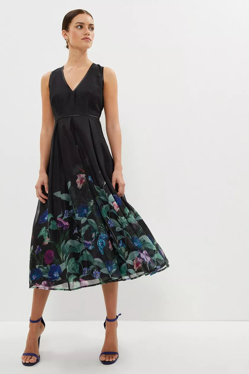 V Neck Tipped Organza Midi Dress Elegant Pleated Sleeve Midi Dress
