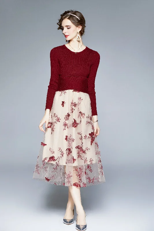 Wine red & White Day A-line Crewneck 3/4 Sleeves Midi Dress Classic Black Midi Dress