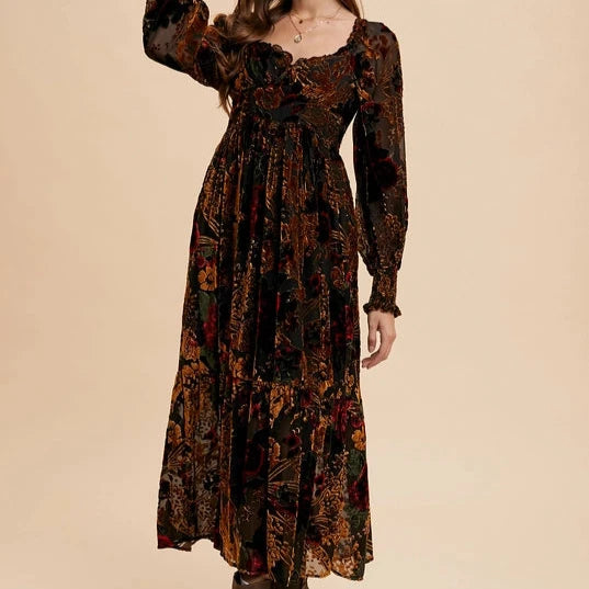 Women's Burnout Velvet Floral Midi Dress in Rose Black Floral Comfortable Ruched Midi Dress