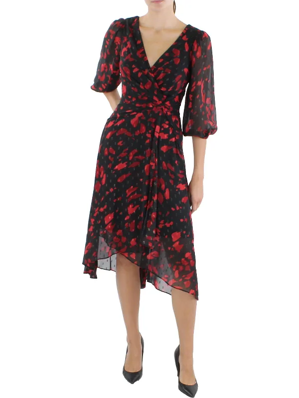 Womens Chiffon Printed Midi Dress Comfortable Wrap Midi Dress