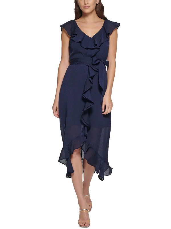 Womens Chiffon Ruffled Midi Dress Trendy Midi Dress with Belt