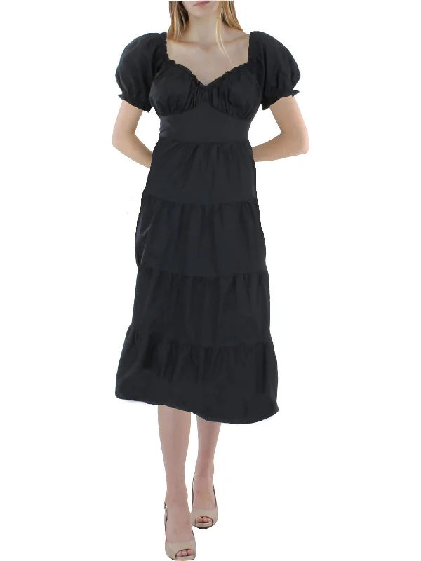 Womens Cotton Smocked Midi Dress Comfortable Ruched Midi Dress