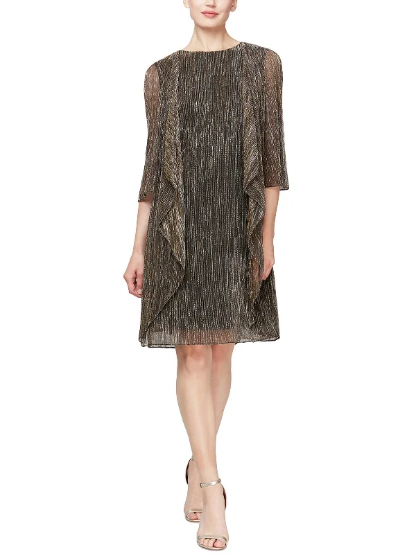 Womens Crinkled Metallic Midi Dress Elegant Faux Wrap Midi Dress