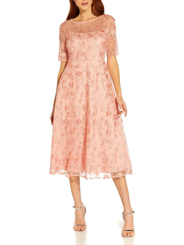 Womens Embroidered Calf Midi Dress Elegant Floral Midi Dress