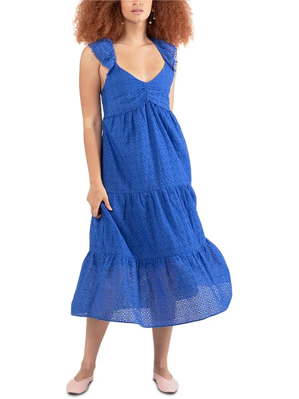 Womens Eyelet Long Midi Dress Trendy Smocked Waist Midi Dress