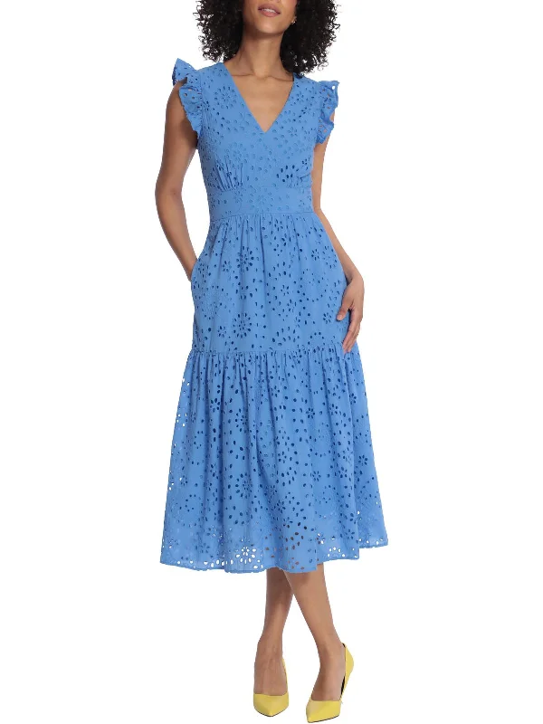 Womens Eyelet V-Neck Midi Dress Comfortable Sleeveless Midi Dress