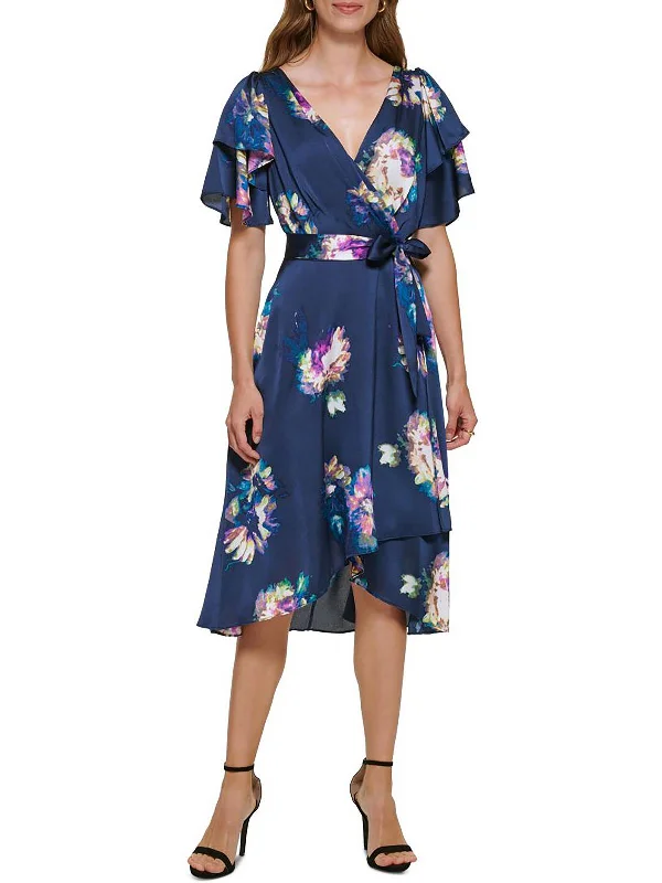 Womens Floral Faux Wrap Midi Dress Trendy Shift Midi Dress