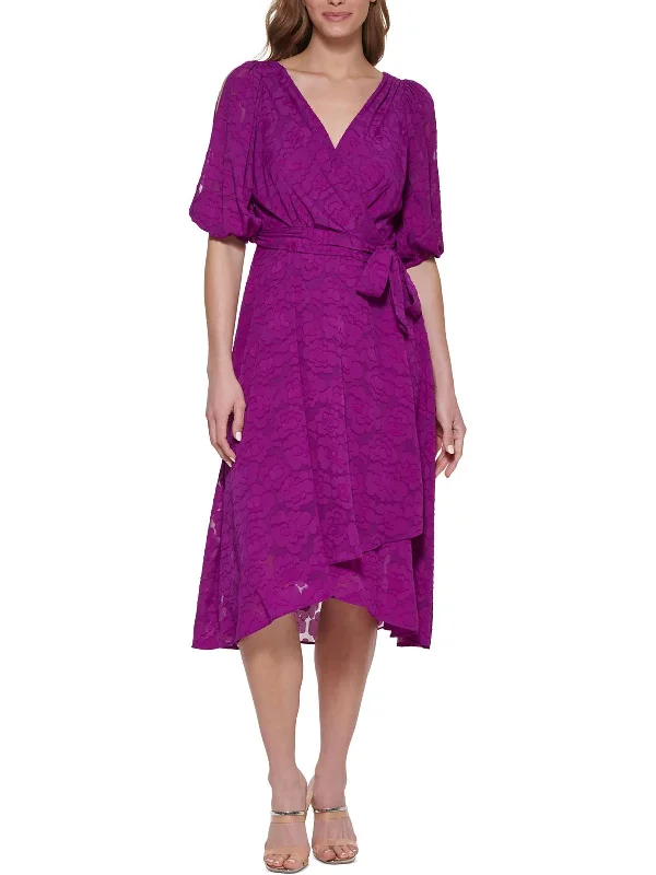 Womens Floral Knee Midi Dress Trendy Flared Sleeve Midi Dress