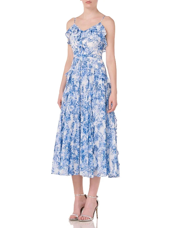 Womens Floral Print Ruffled Midi Dress Elegant Velvet Midi Dress