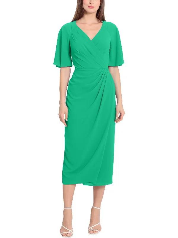 Womens Flutter Sleeve Calf Midi Dress Stylish Satin Midi Dress