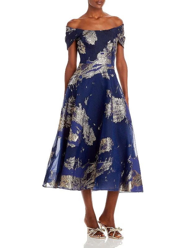 Womens Jacquard Off-The-Shoulder Midi Dress Elegant Floral Midi Dress