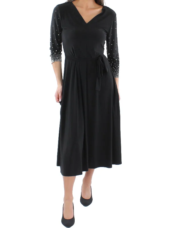 Womens Knit Beaded Midi Dress Fashionable High-Low Midi Dress