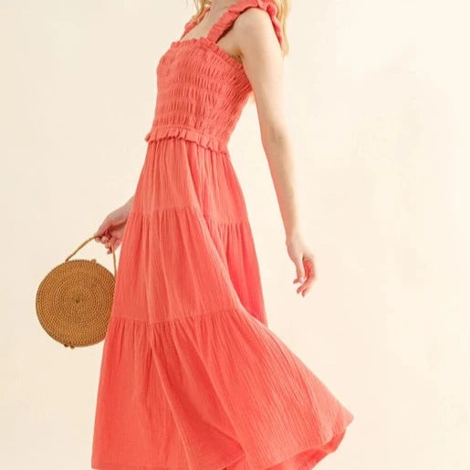 Women's Ruched Strapped Smocked Midi Dress (Available in Black & Camellia) Stylish Off-Shoulder Ruffle Dress