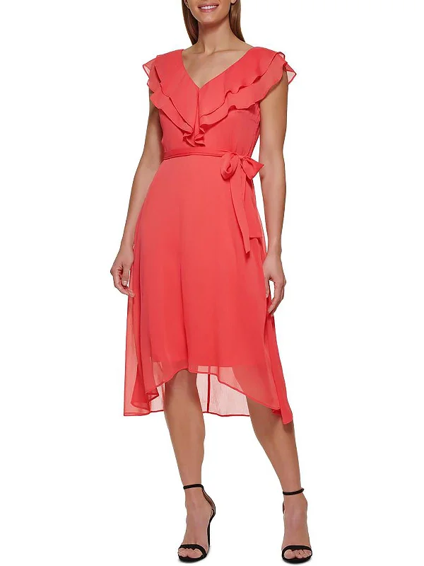 Womens Ruffled Calf Midi Dress Trendy Ruffled Sleeve Midi Dress
