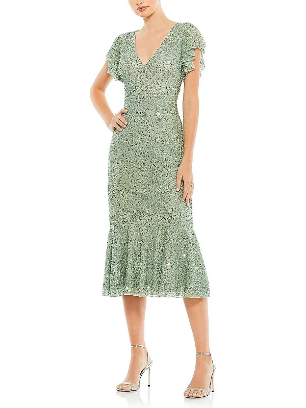 Womens Sequined Calf Midi Dress Trendy Smocked Waist Midi Dress