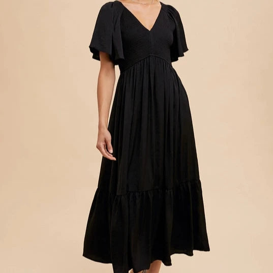 Women's Smocked Satin Midi Dress in Black Comfortable Geometric Print Midi Dress