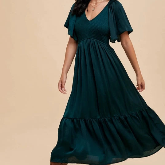 Women's Smocked Satin Midi Dress in Emerald Chic Bohemian Midi Dress