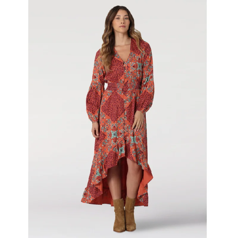 Wrangler Women's Boho High-Low Midi Dress Comfortable Button Front Midi Dress