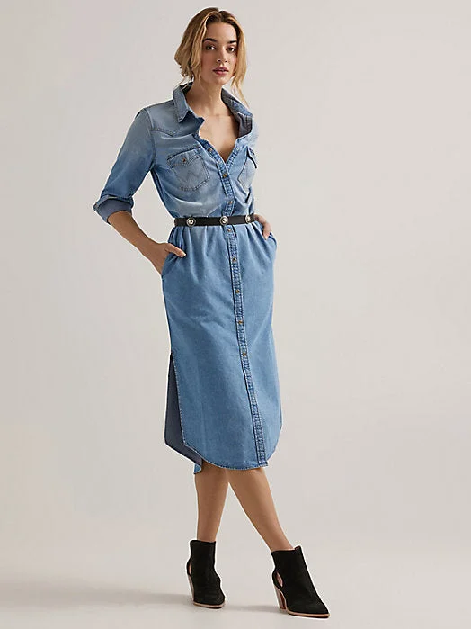 Womens Retro Long Sleeve Denim Midi Dress - Blue Denim Elegant Puff Sleeve Midi Dress