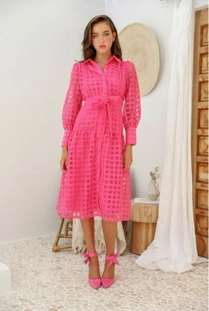 YH & CO GLAMOUR SQUARE MIDI DRESS HOT PINK Fashionable Polka Dot Midi Dress