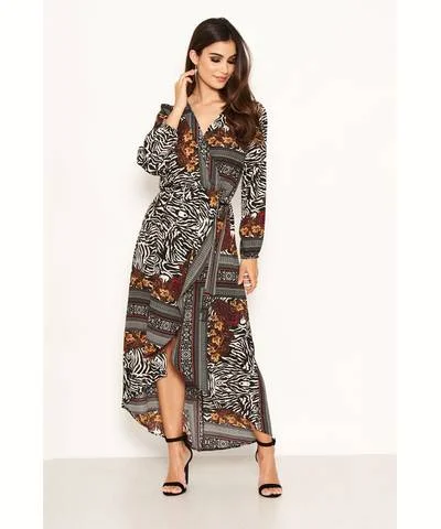 Zebra Mixed Print Wrap Midi Dress Stylish Button-Down Midi Dress