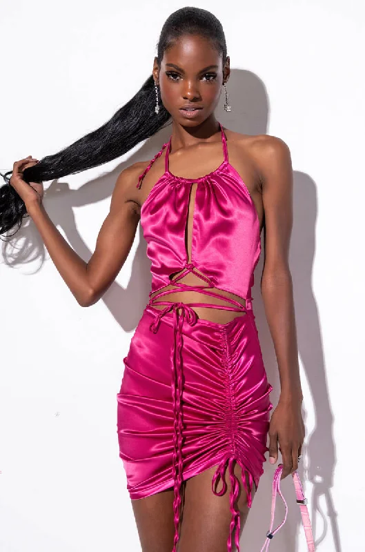50 SHADES OF SLAY LACE UP SATIN RUCHED MINI DRESS FUCHSIA Trendy Denim Mini Dress