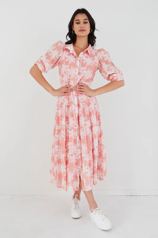 Adair Blush Palms Tiered Shirt Style Maxi Dress Chic Button-Up Maxi Dress