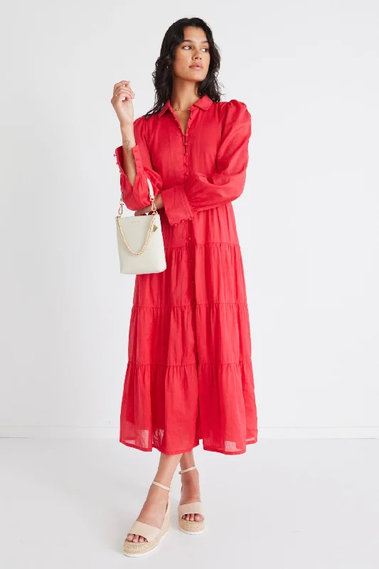 Adair Cherry Linen Blend Tiered Shirt Style Maxi Dress Comfortable T-Shirt Maxi Dress