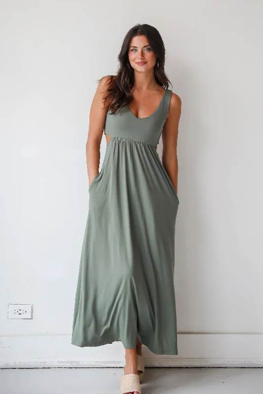 FINAL SALE - Advanced Style Olive Cutout Maxi Dress Comfortable Maxi Dress with Belt