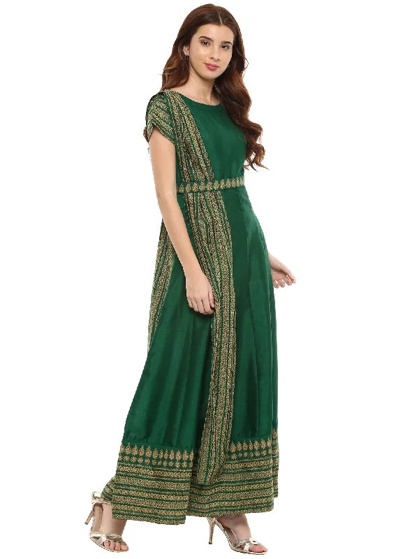 Women's  Green Ethnic Motifs Printed Maxi Dress- Ahalyaa Comfortable T-Shirt Maxi Dress