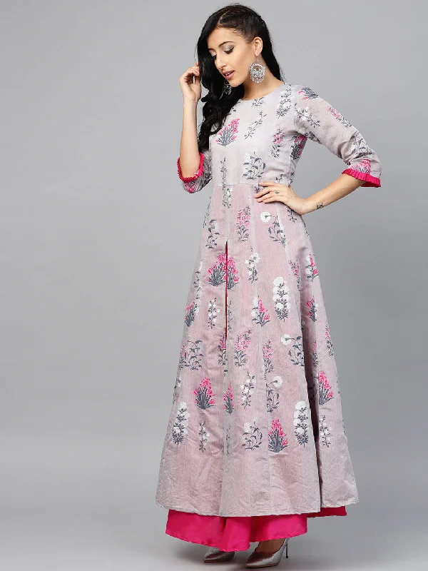 Women's  Grey & Pink Floral Printed Layered Front Slit Maxi Dress- Ahalyaa Cozy Ruffle Sleeve Maxi Dress